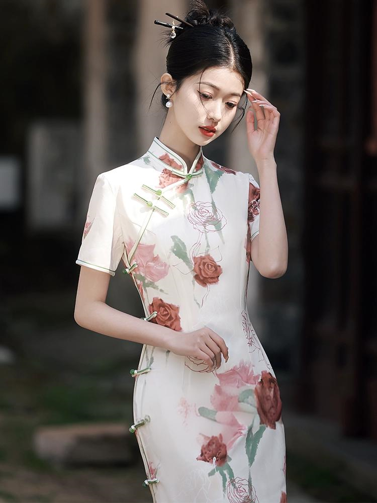 New Chinese Rose Slim Summer Qipao