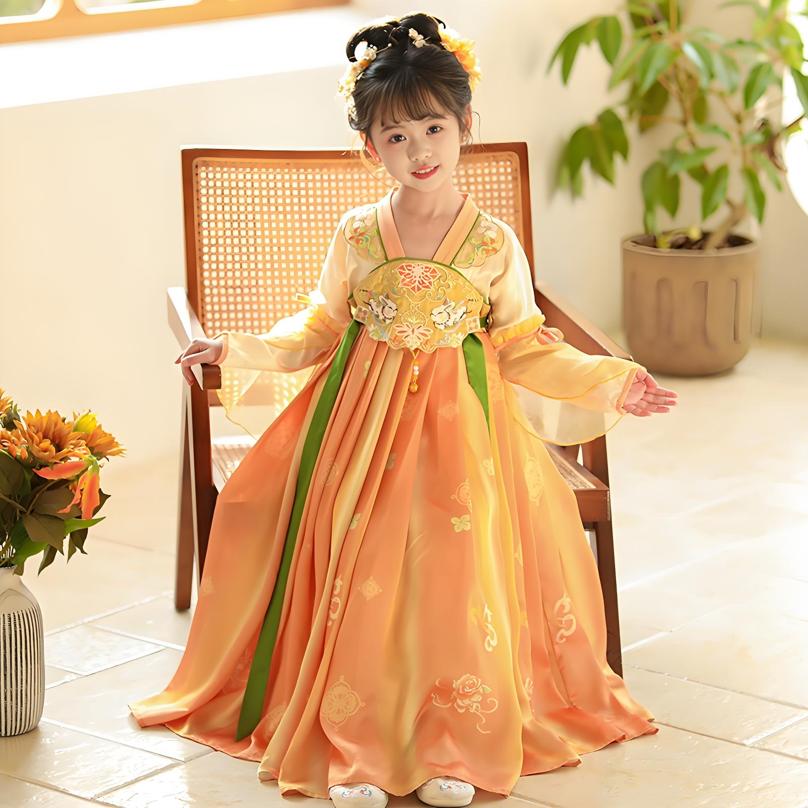 Chinese style super fairy orange ancient costume dress for girls in autumn