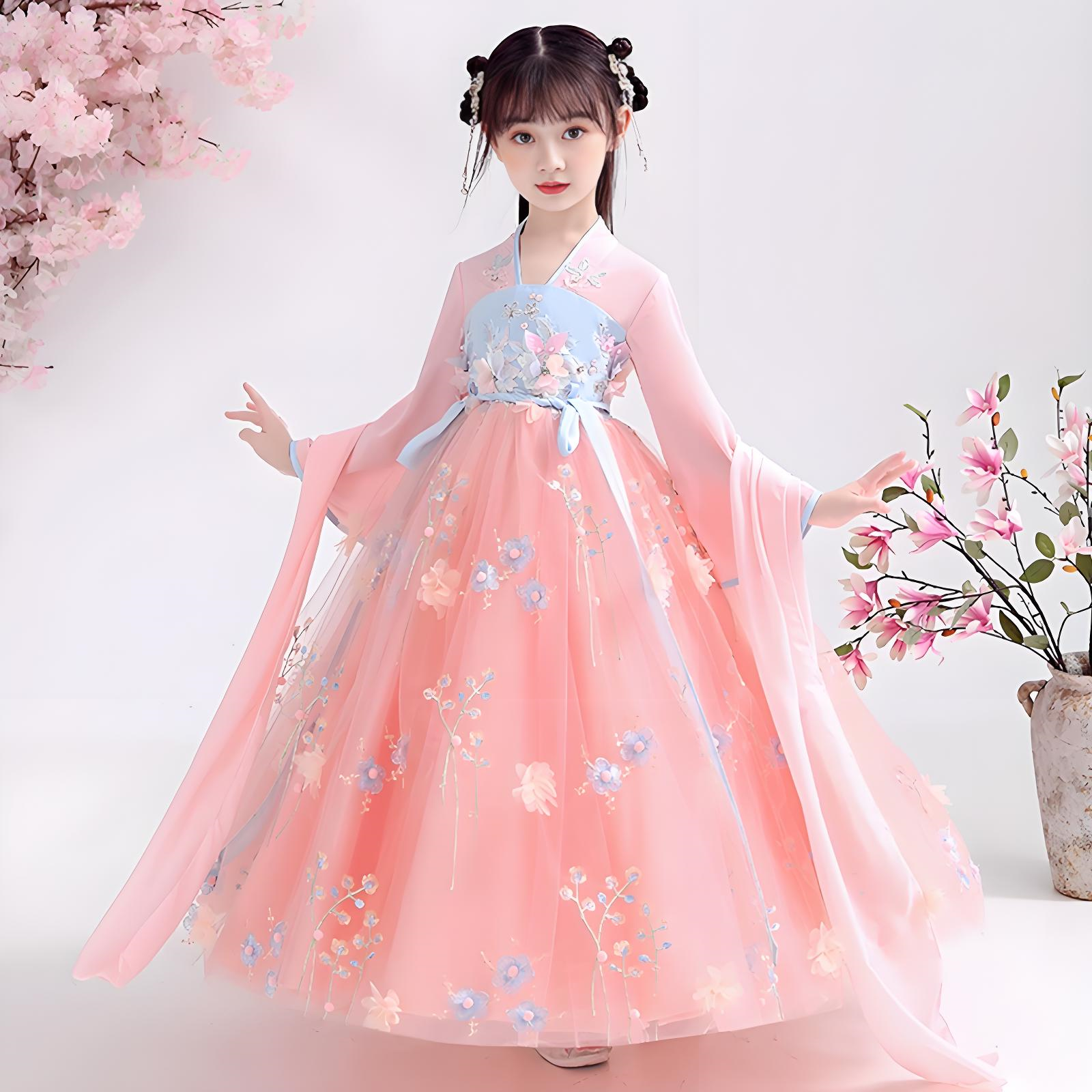 Chinese style super fairy pink costume dress for girls in autumn