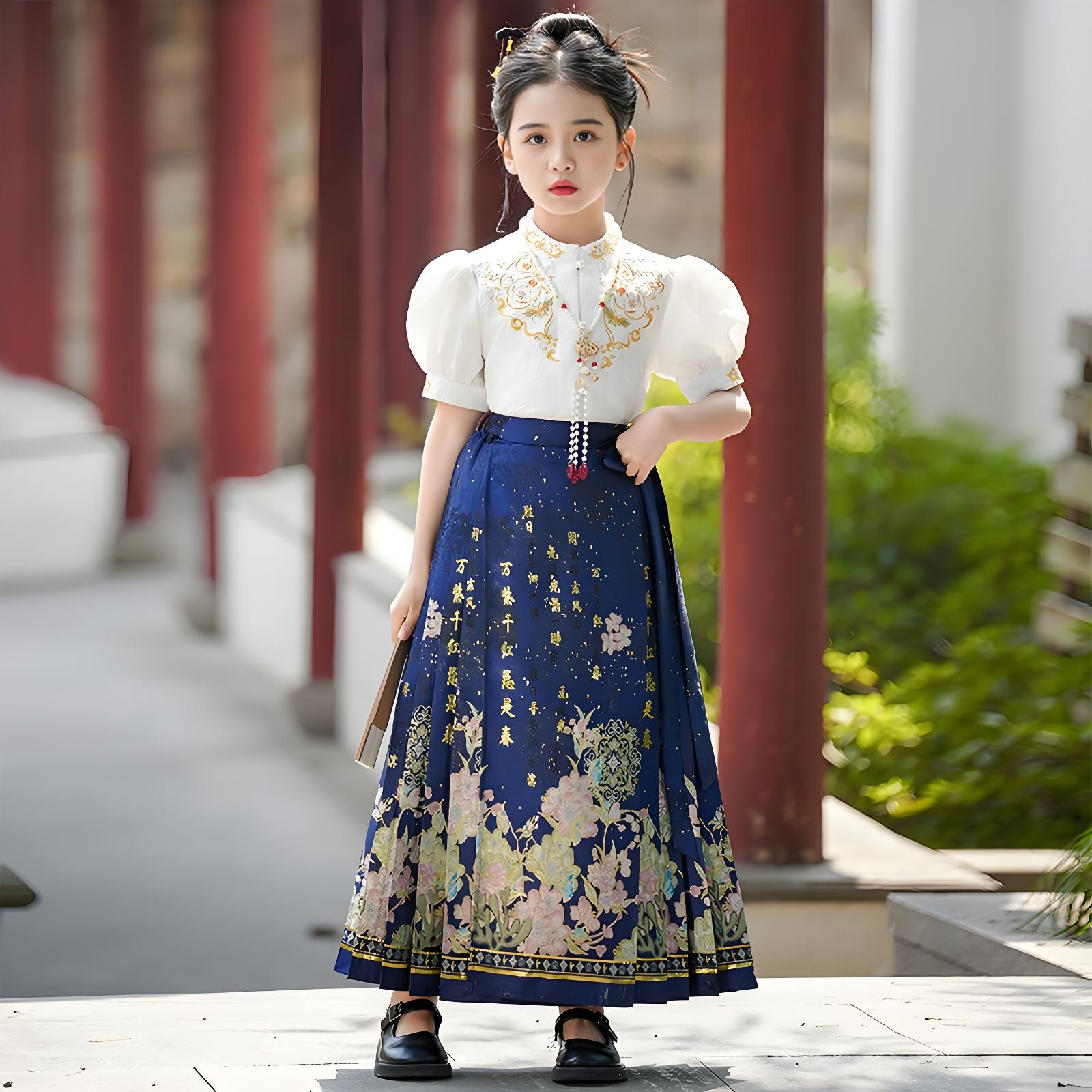 New Chinese style blue horse face skirt for girls in summer