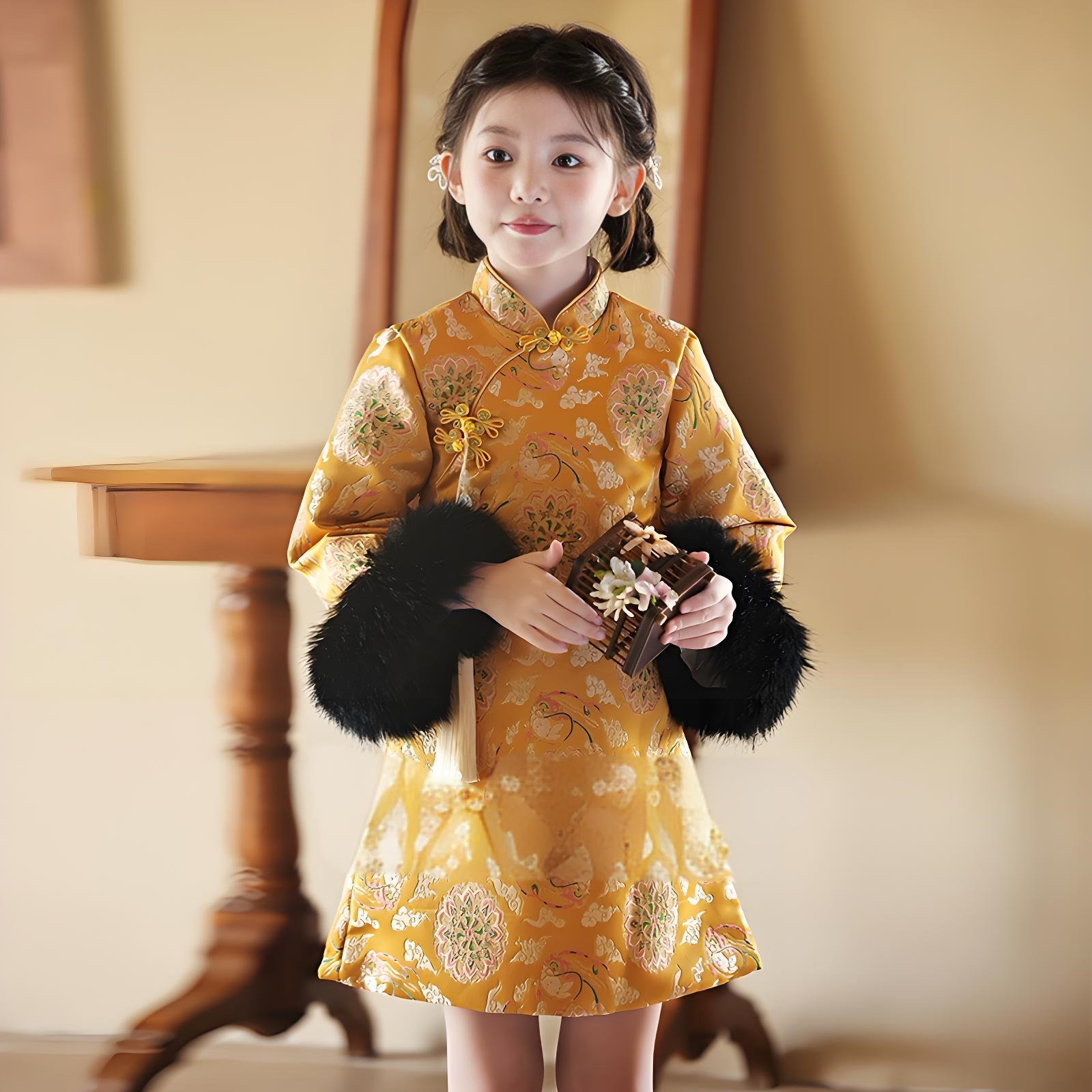 New Chinese style children's yellow cheongsam thickened autumn and winter version