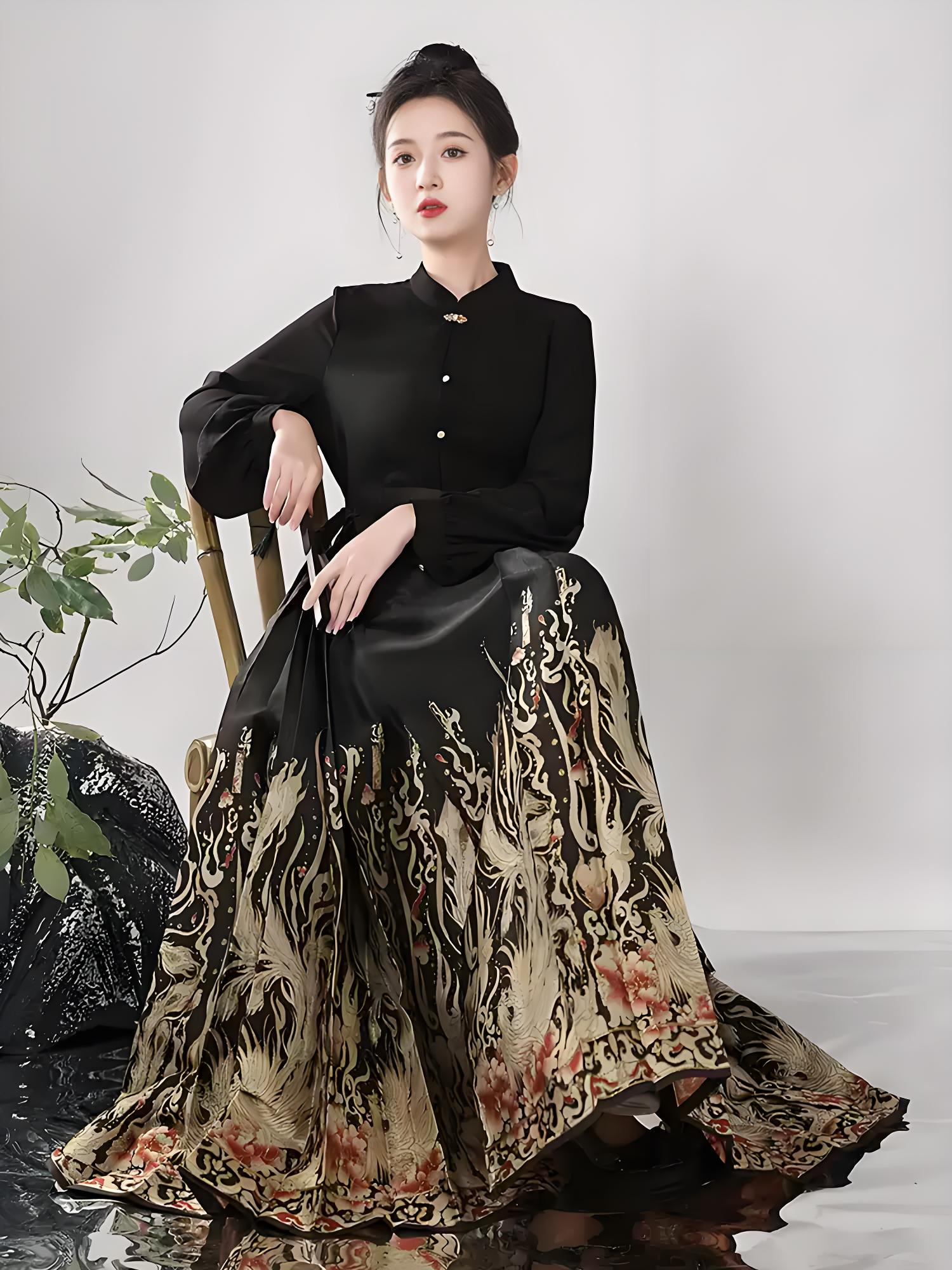 black brocade mamian skirt in modern Chinese-style aesthetics.