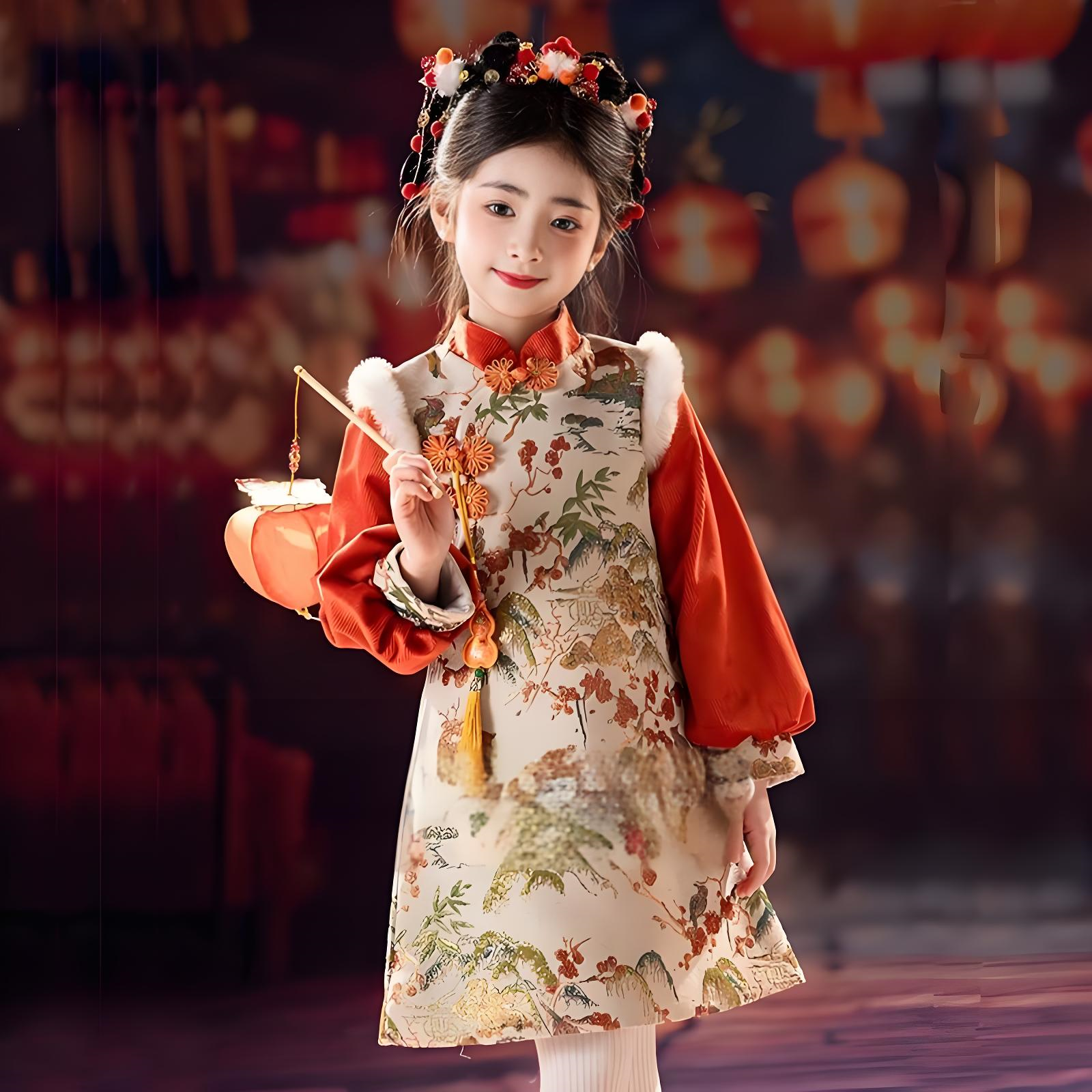 New Chinese style children's orange red cheongsam thickened autumn and winter styles