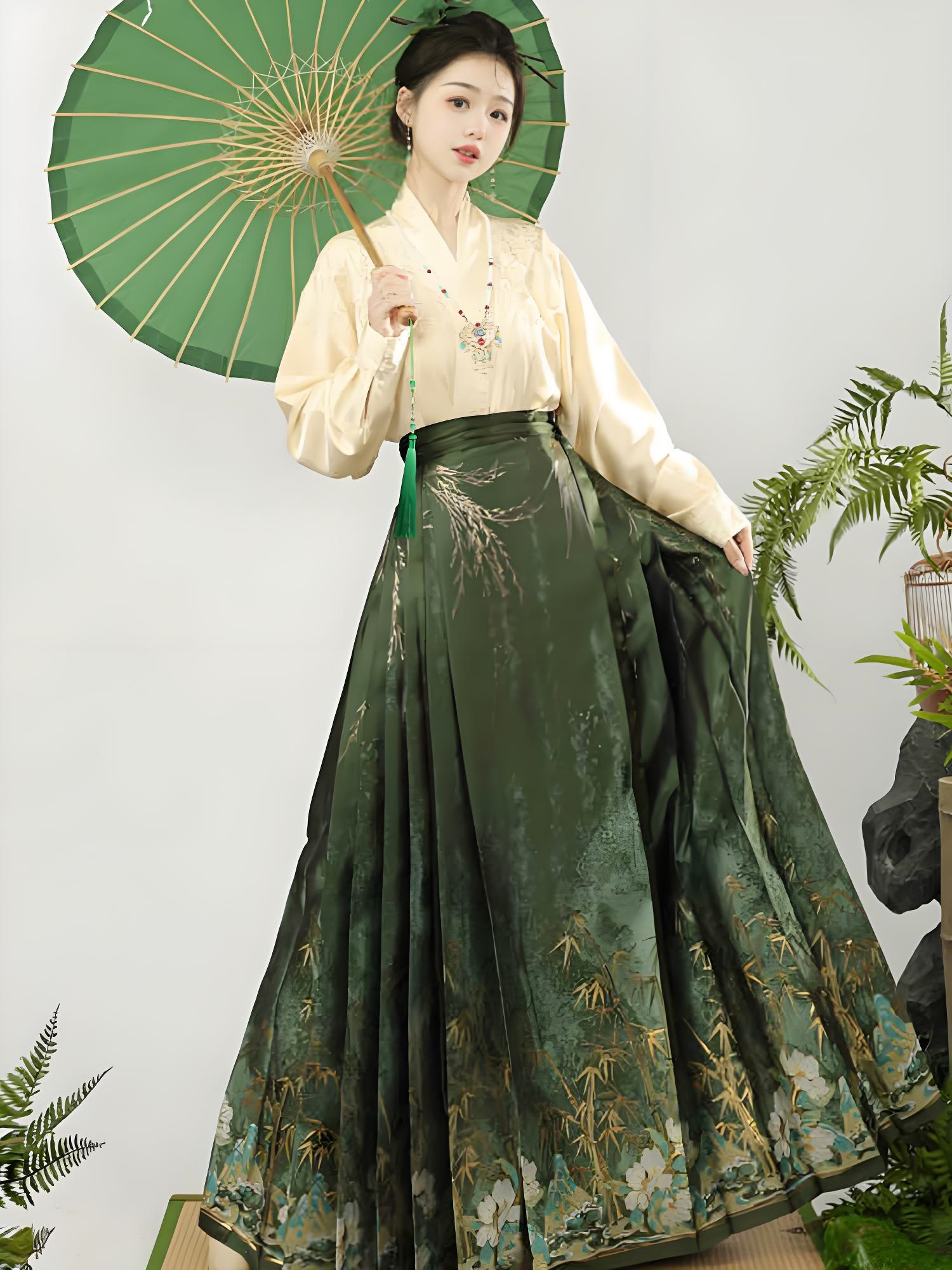 green brocade mamian skirt in modern Chinese-style aesthetics.