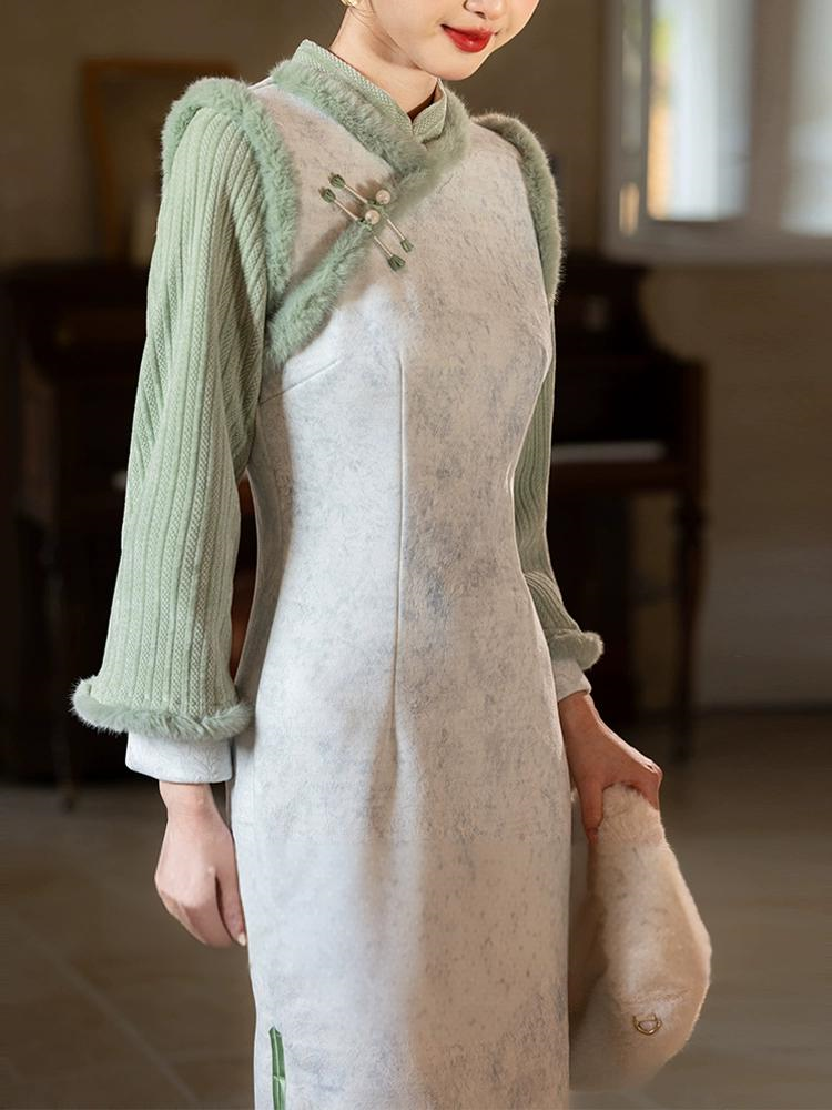 New Chinese Green Long-Sleeved Thickened Cheongsam
