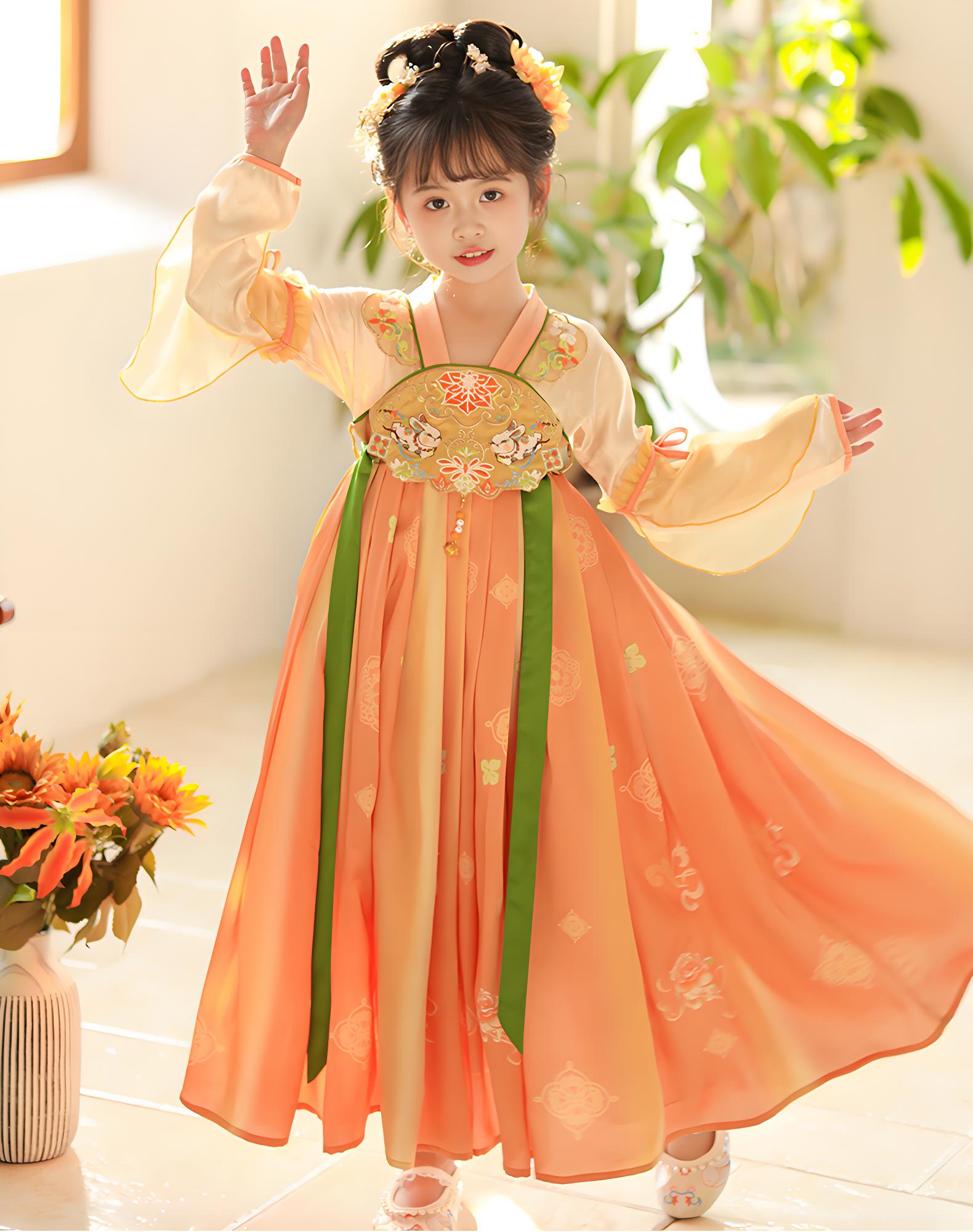 Chinese style super fairy orange ancient costume dress for girls in autumn