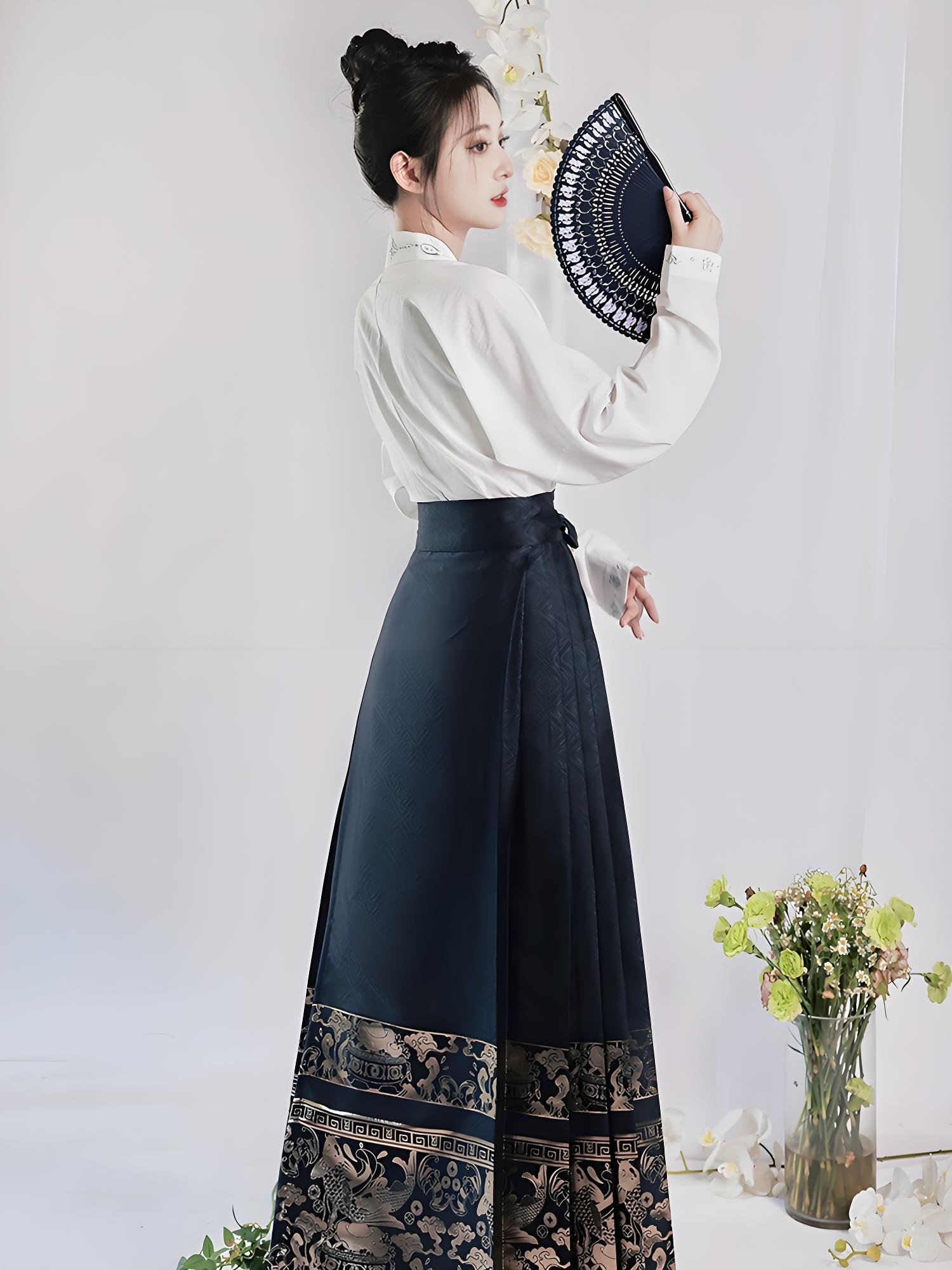 Deep blue brocade mamian skirt in modern Chinese-style aesthetics.