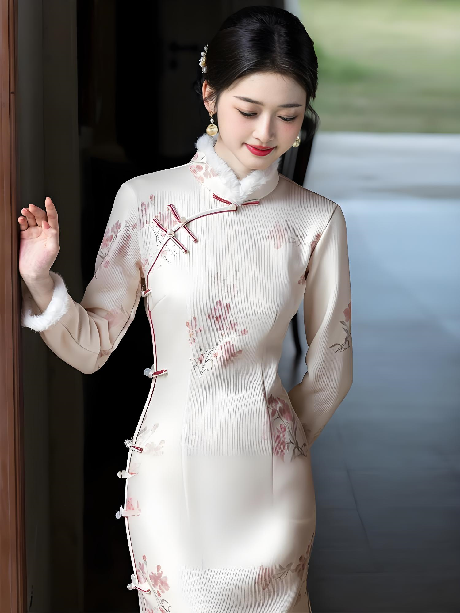 New Chinese Slim Long Sleeve Thickened Cheongsam