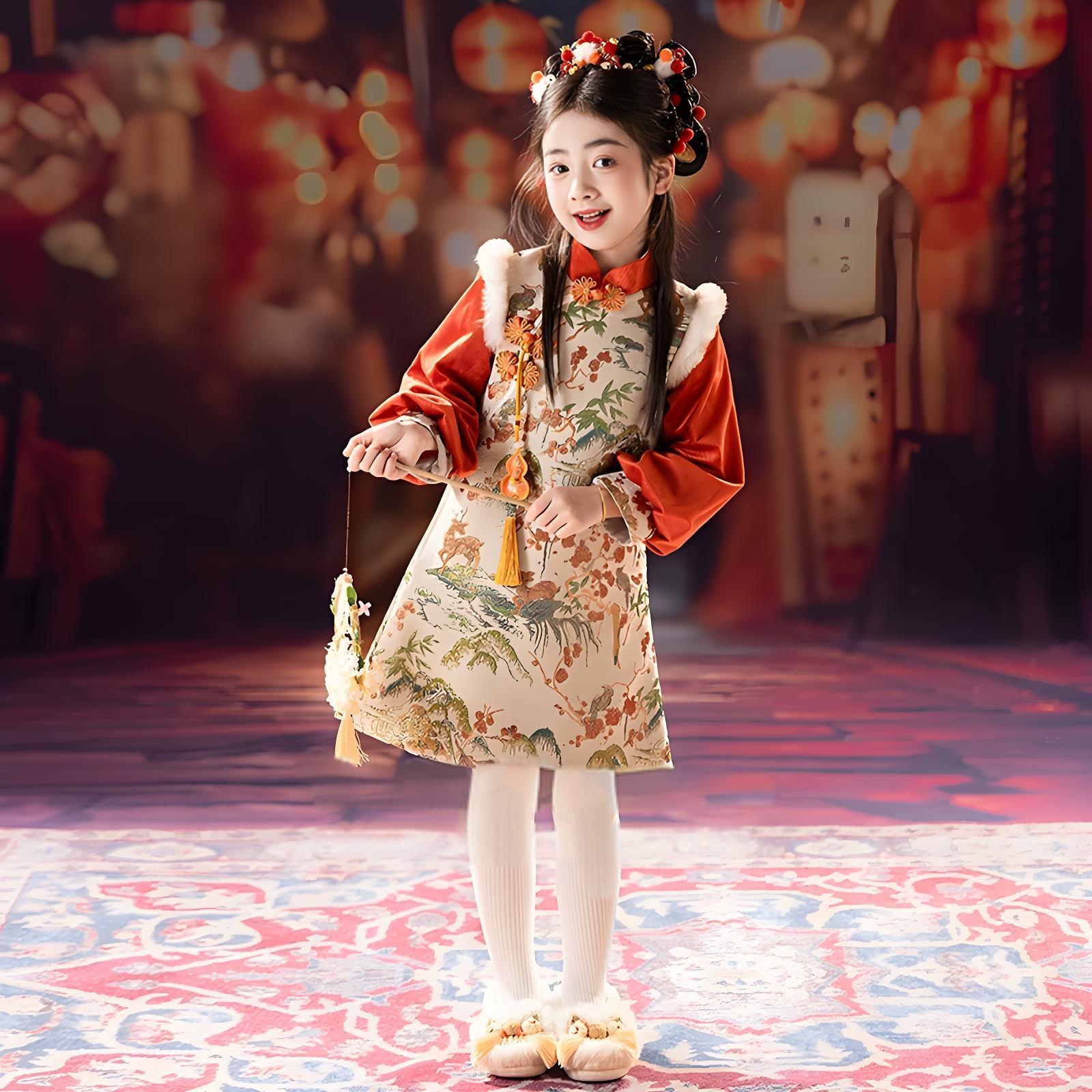 New Chinese style children's orange red cheongsam thickened autumn and winter styles