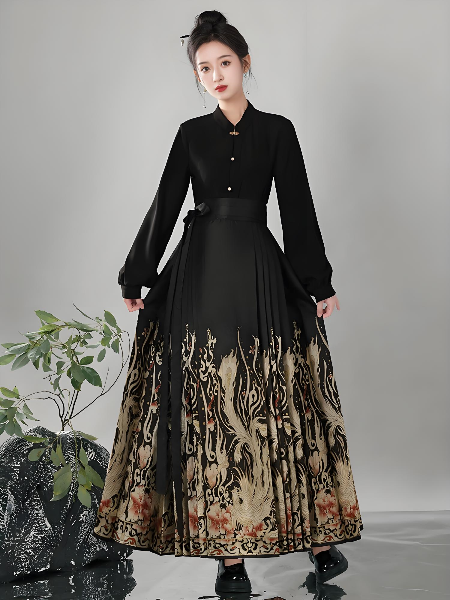 black brocade mamian skirt in modern Chinese-style aesthetics.