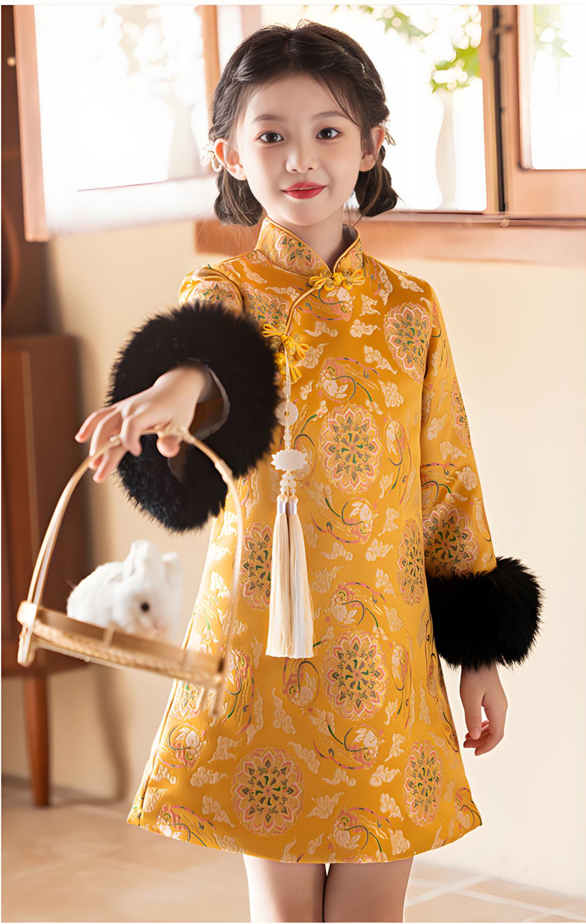 New Chinese style children's yellow cheongsam thickened autumn and winter version