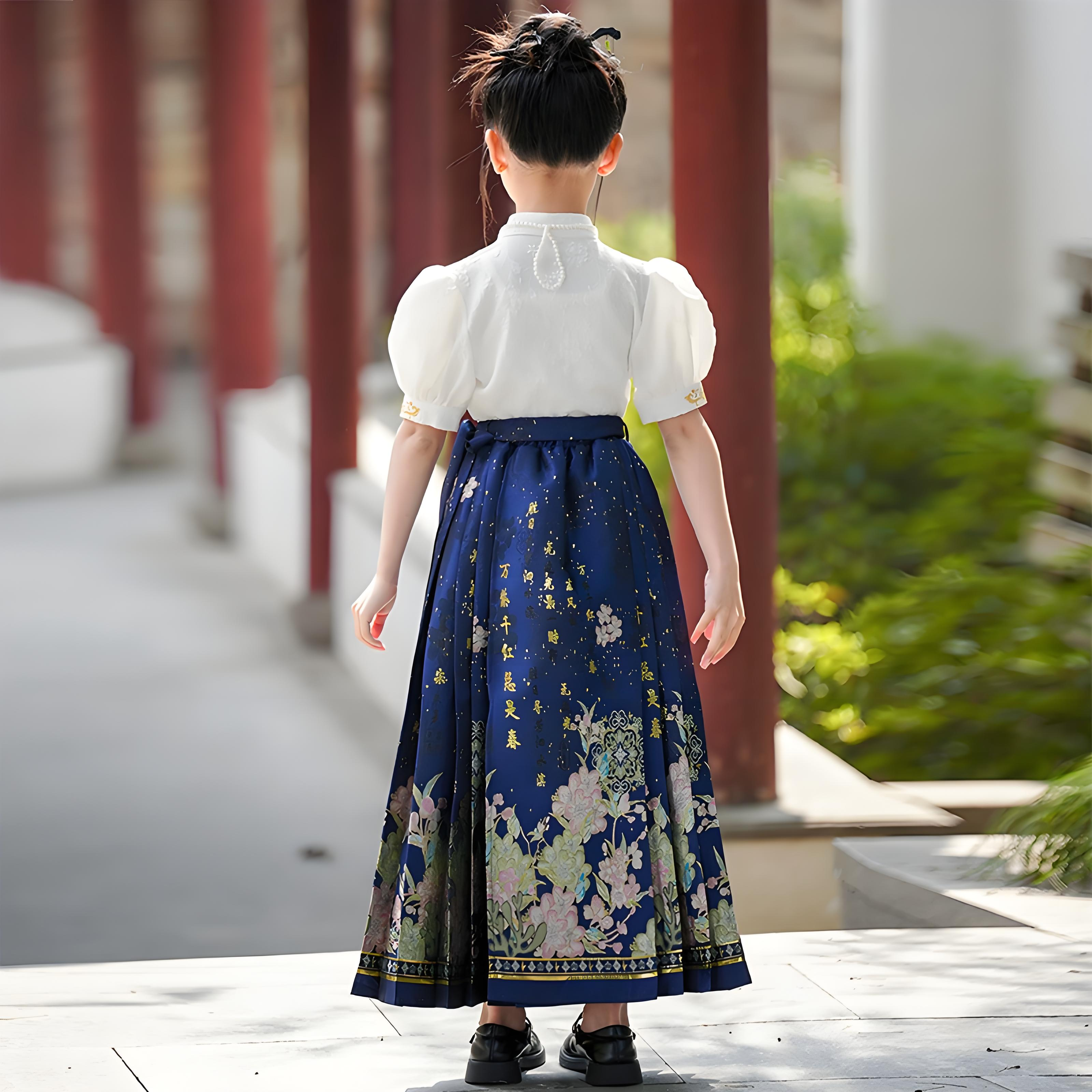 New Chinese style blue horse face skirt for girls in summer