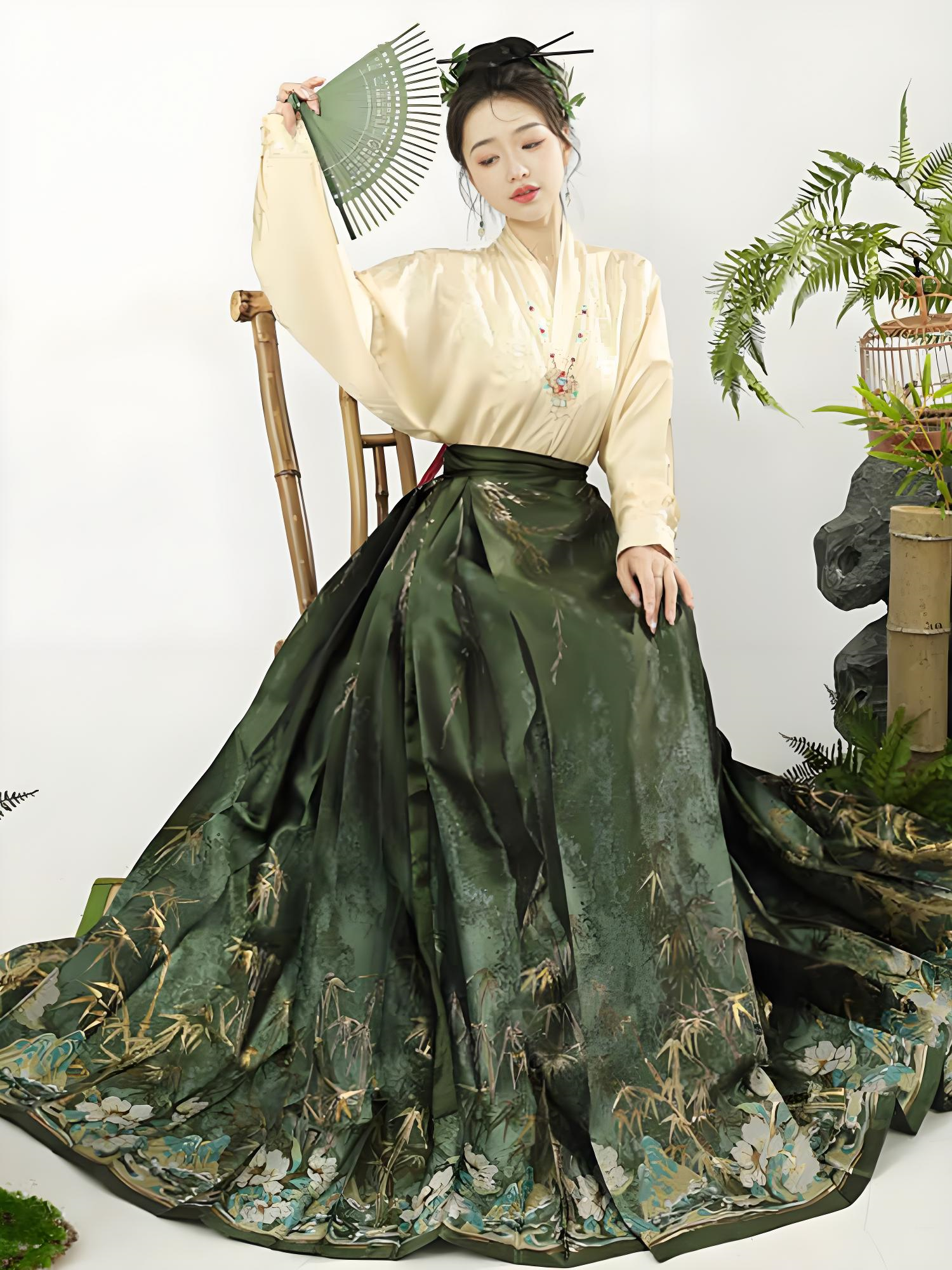 green brocade mamian skirt in modern Chinese-style aesthetics.