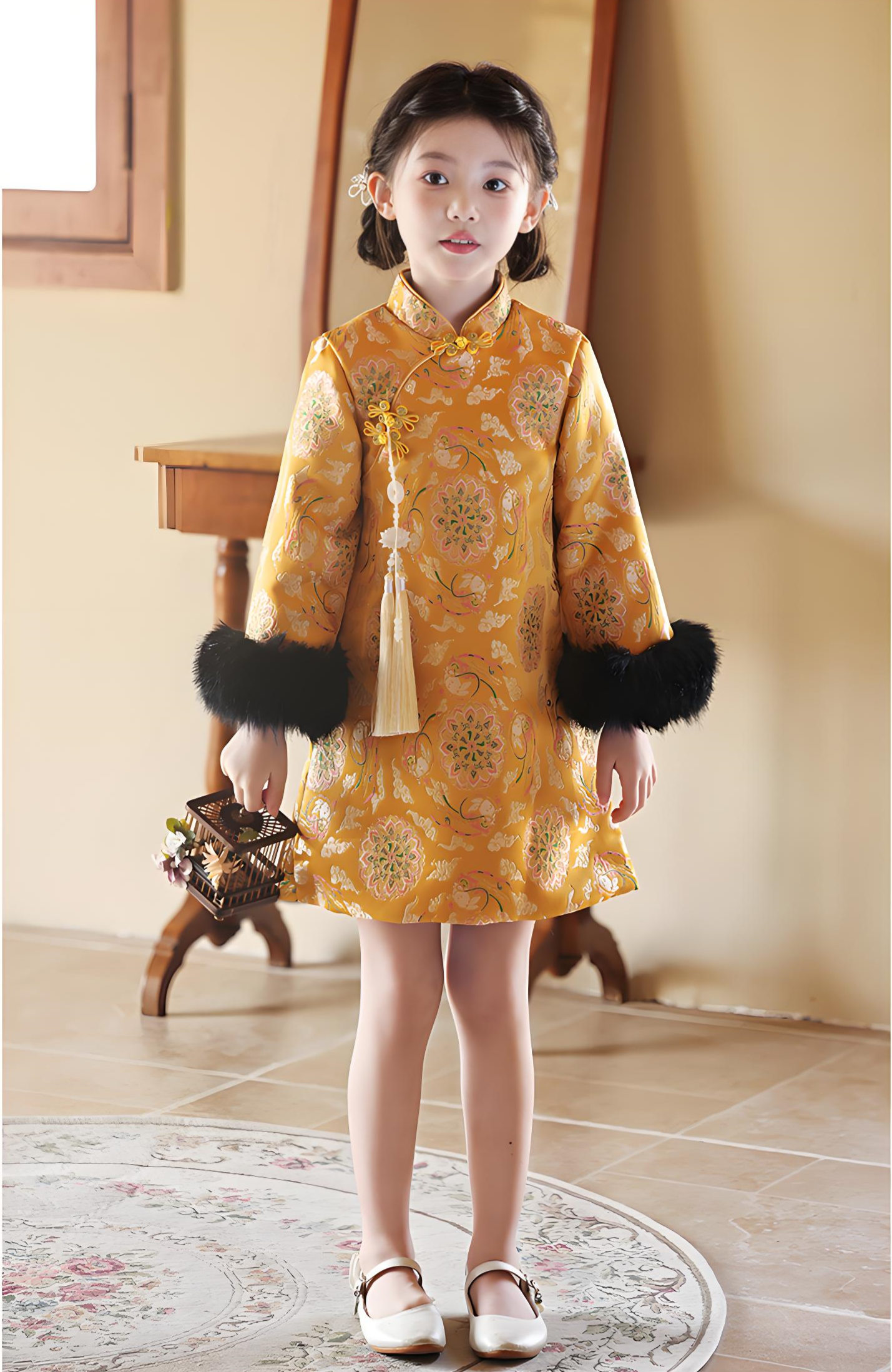 New Chinese style children's yellow cheongsam thickened autumn and winter version