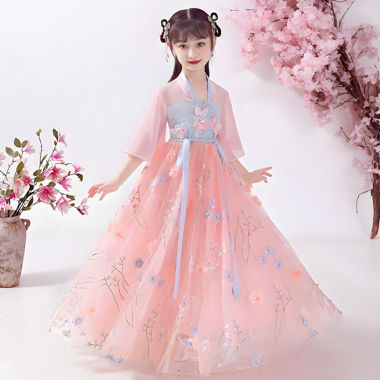 Chinese style super fairy pink costume dress for girls in autumn