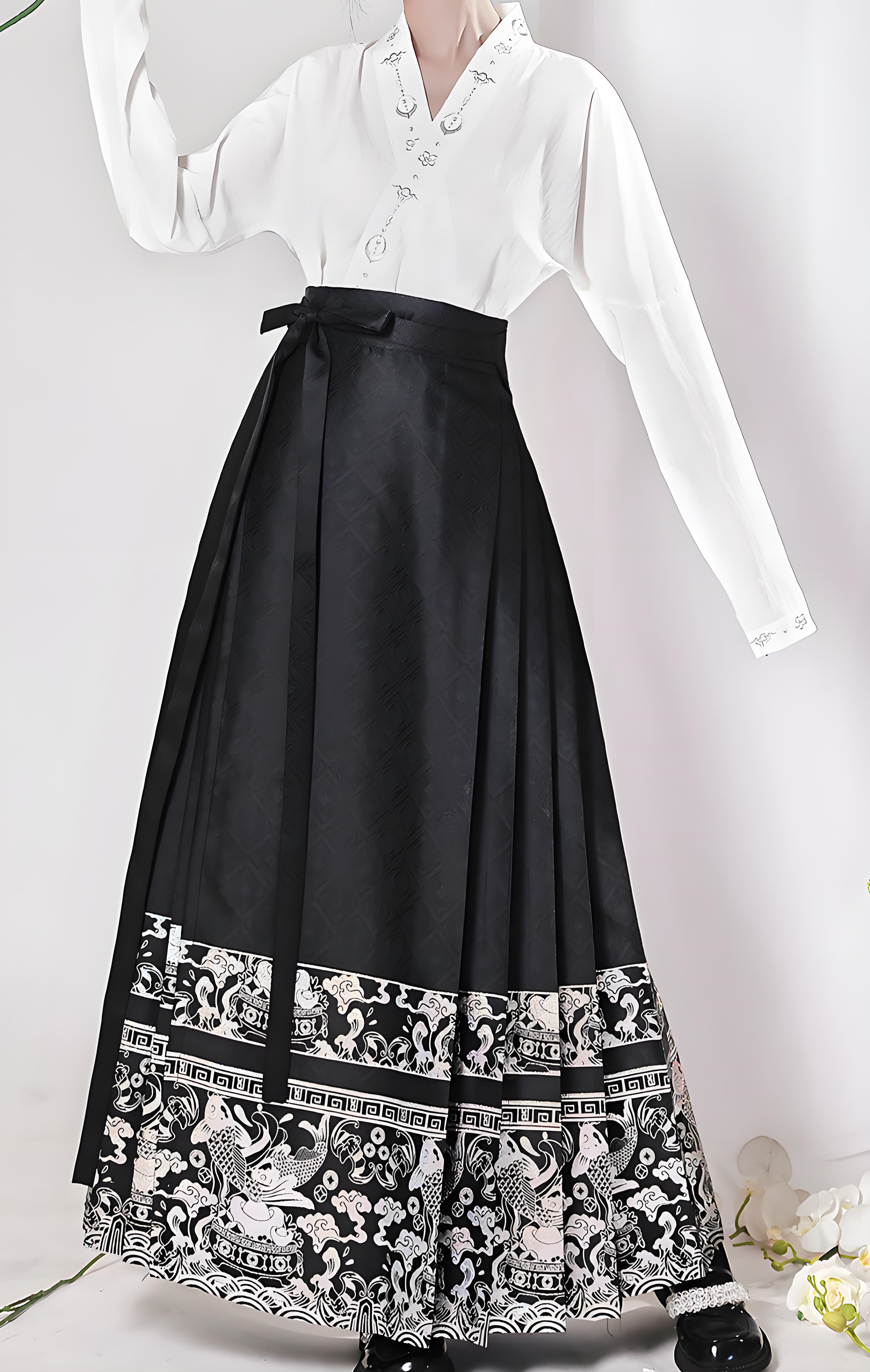 New Chinese style black woven silver horse face skirt for women