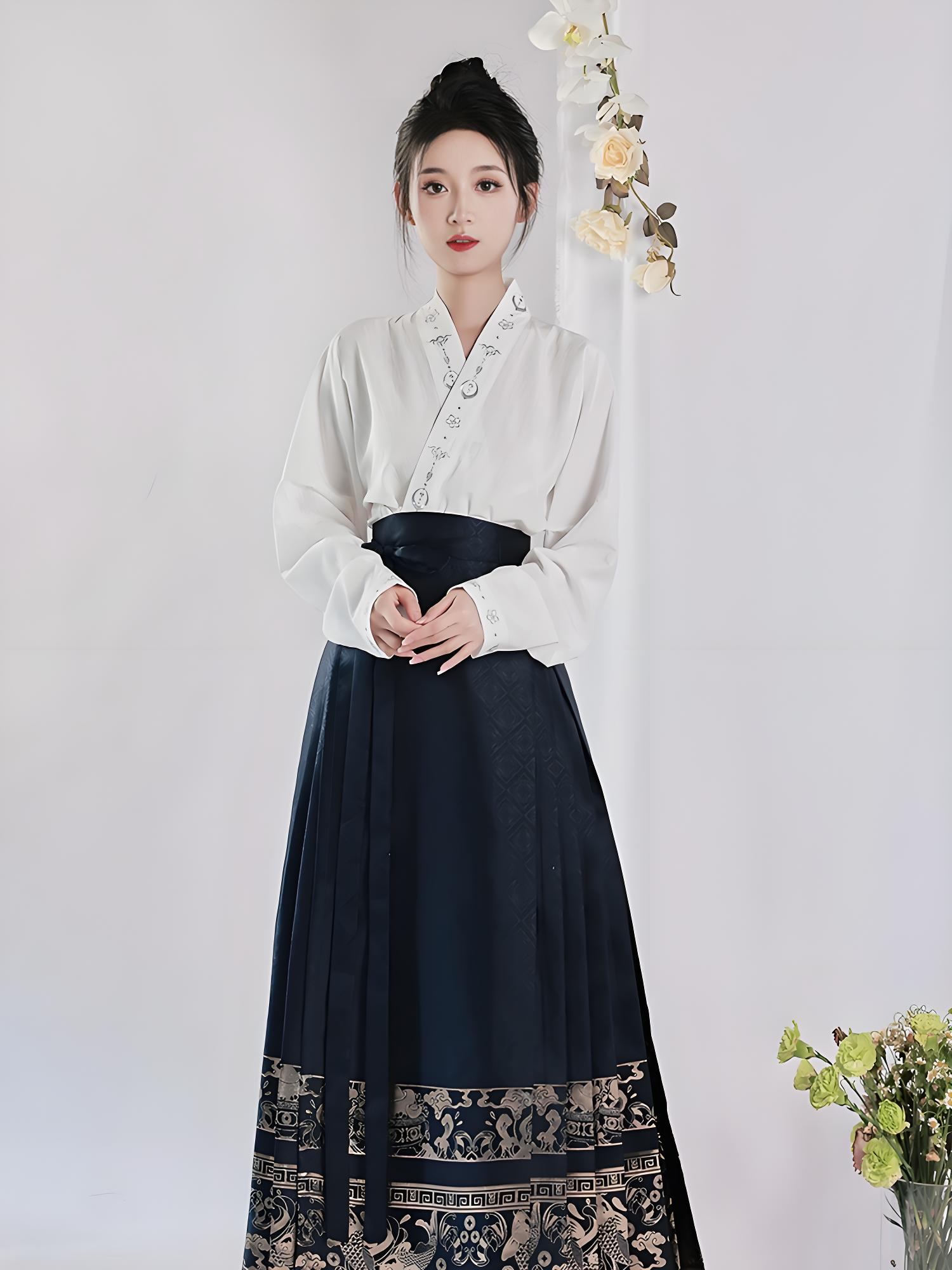 Deep blue brocade mamian skirt in modern Chinese-style aesthetics.