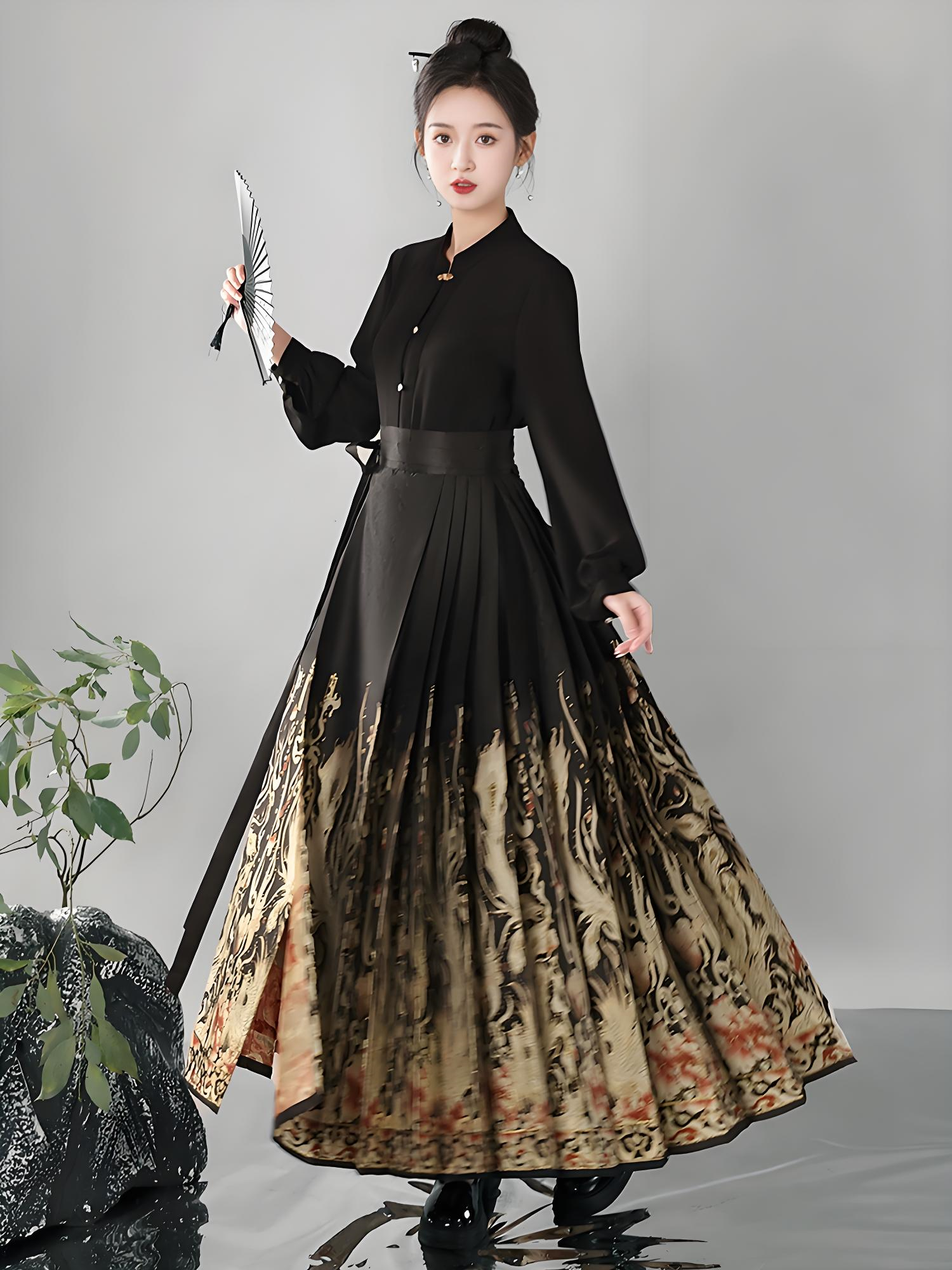 black brocade mamian skirt in modern Chinese-style aesthetics.