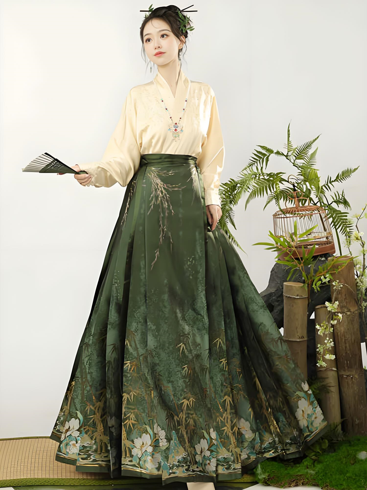 green brocade mamian skirt in modern Chinese-style aesthetics.