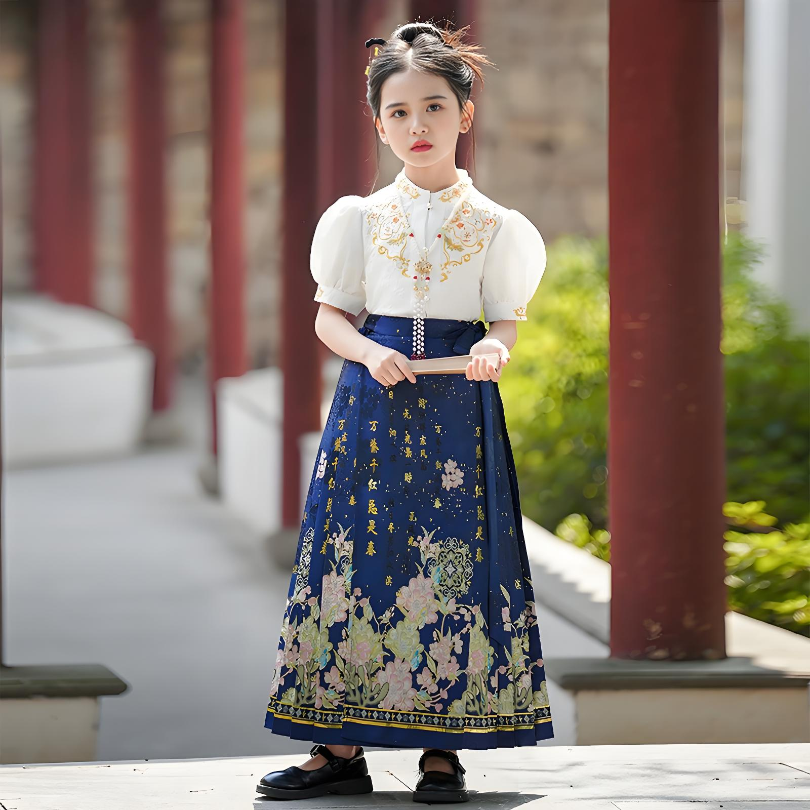 New Chinese style blue horse face skirt for girls in summer