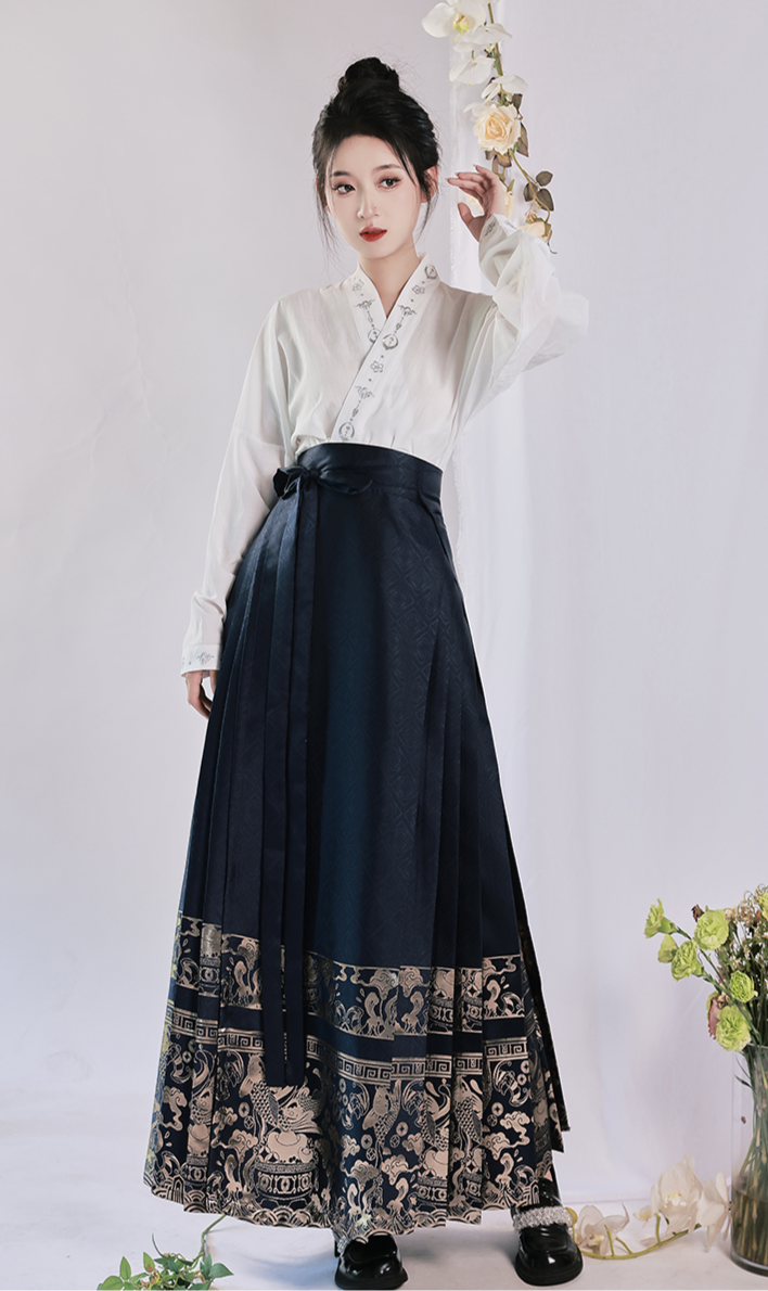 Deep blue brocade mamian skirt in modern Chinese-style aesthetics.