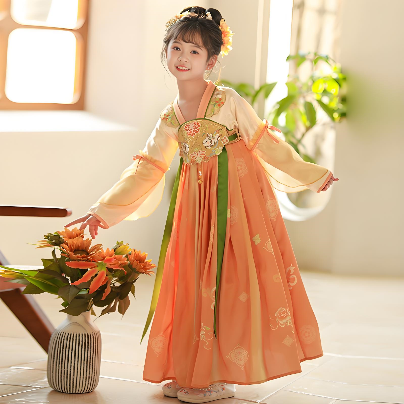 Chinese style super fairy orange ancient costume dress for girls in autumn