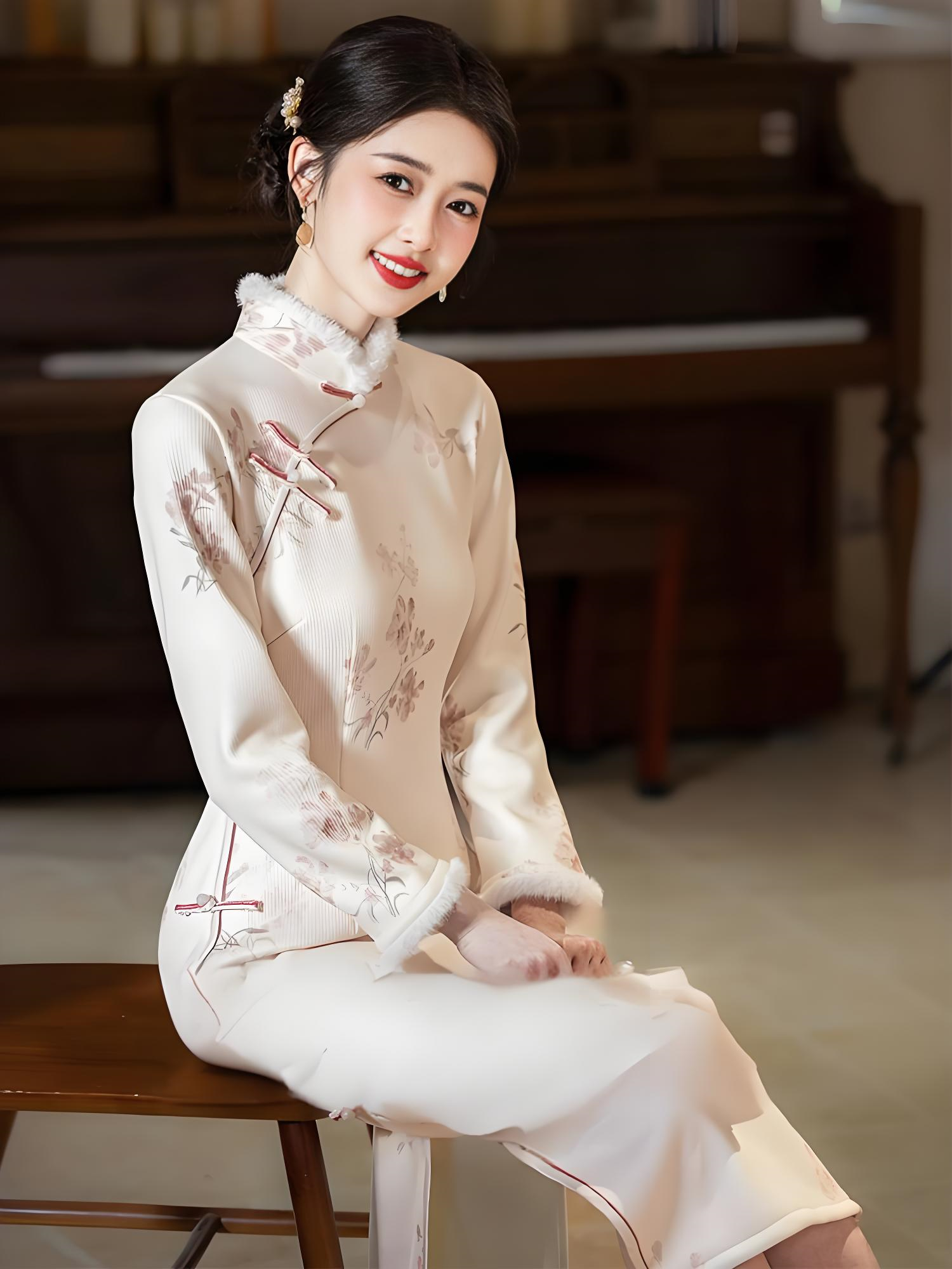 New Chinese Slim Long Sleeve Thickened Cheongsam