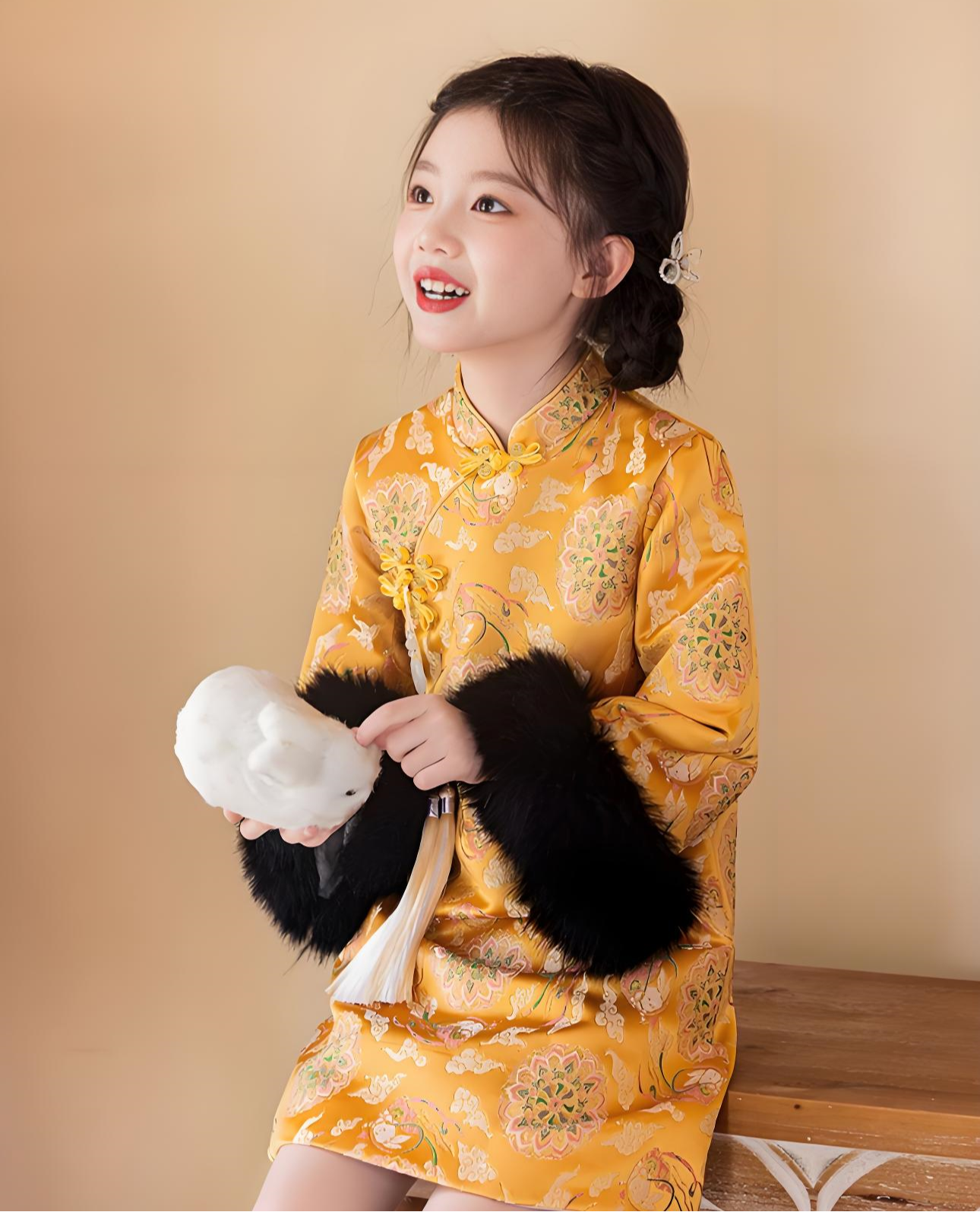 New Chinese style children's yellow cheongsam thickened autumn and winter version