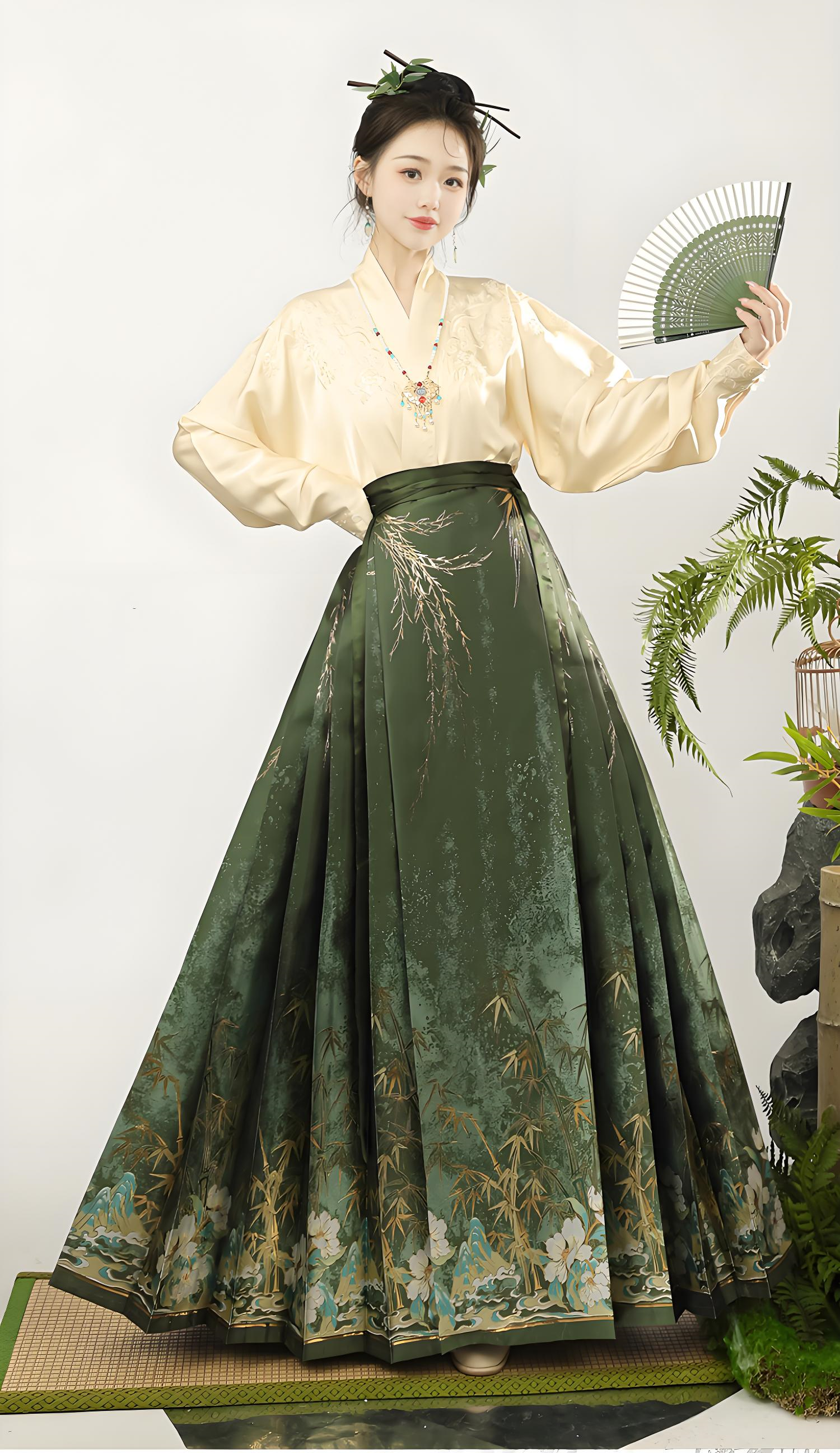 green brocade mamian skirt in modern Chinese-style aesthetics.