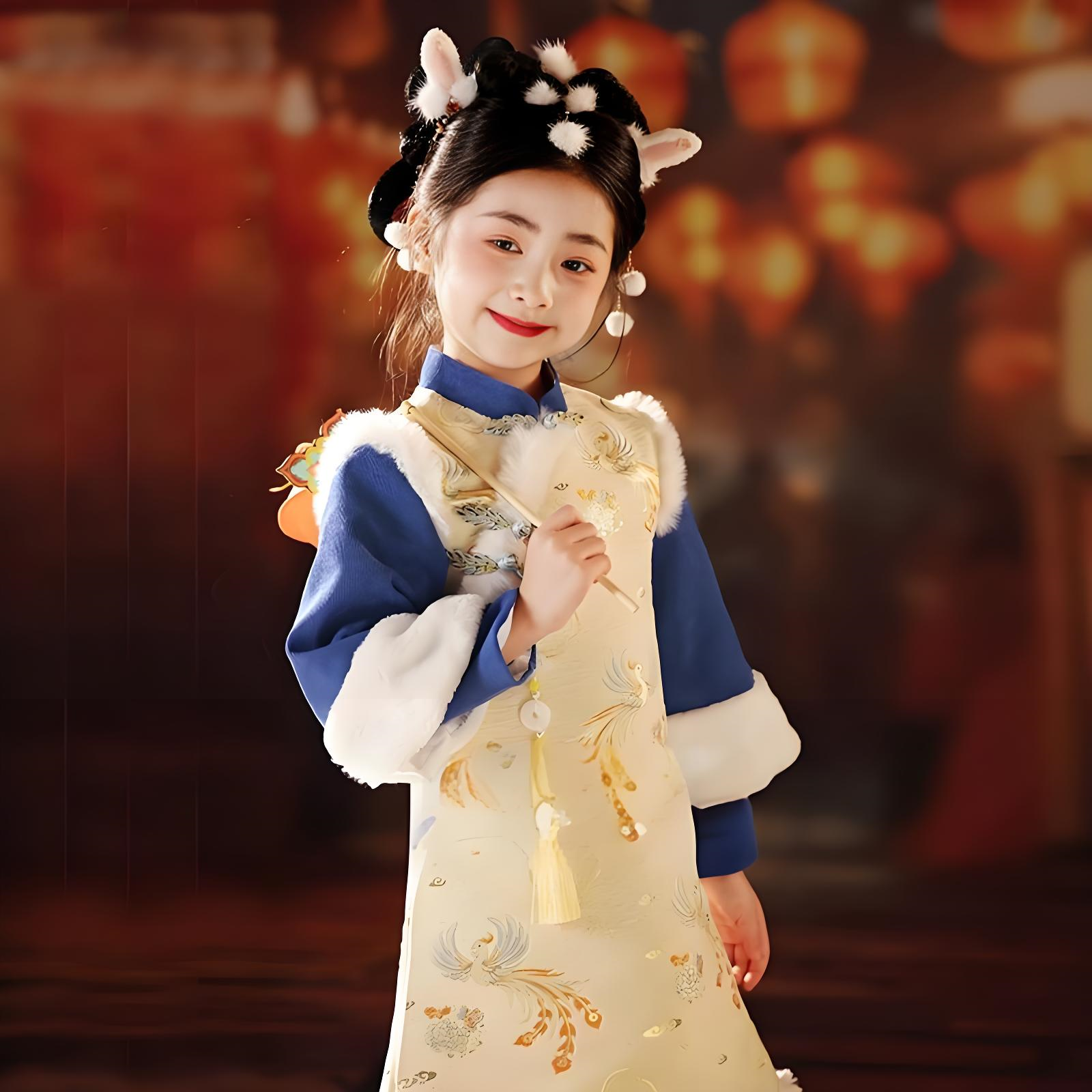 New Chinese style Children's Yellow Wind Peony Qipao Thickened Autumn/Winter Editio