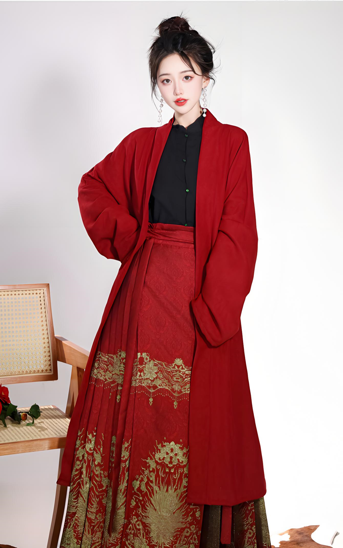 New Chinese style red woven gold horse face skirt for women