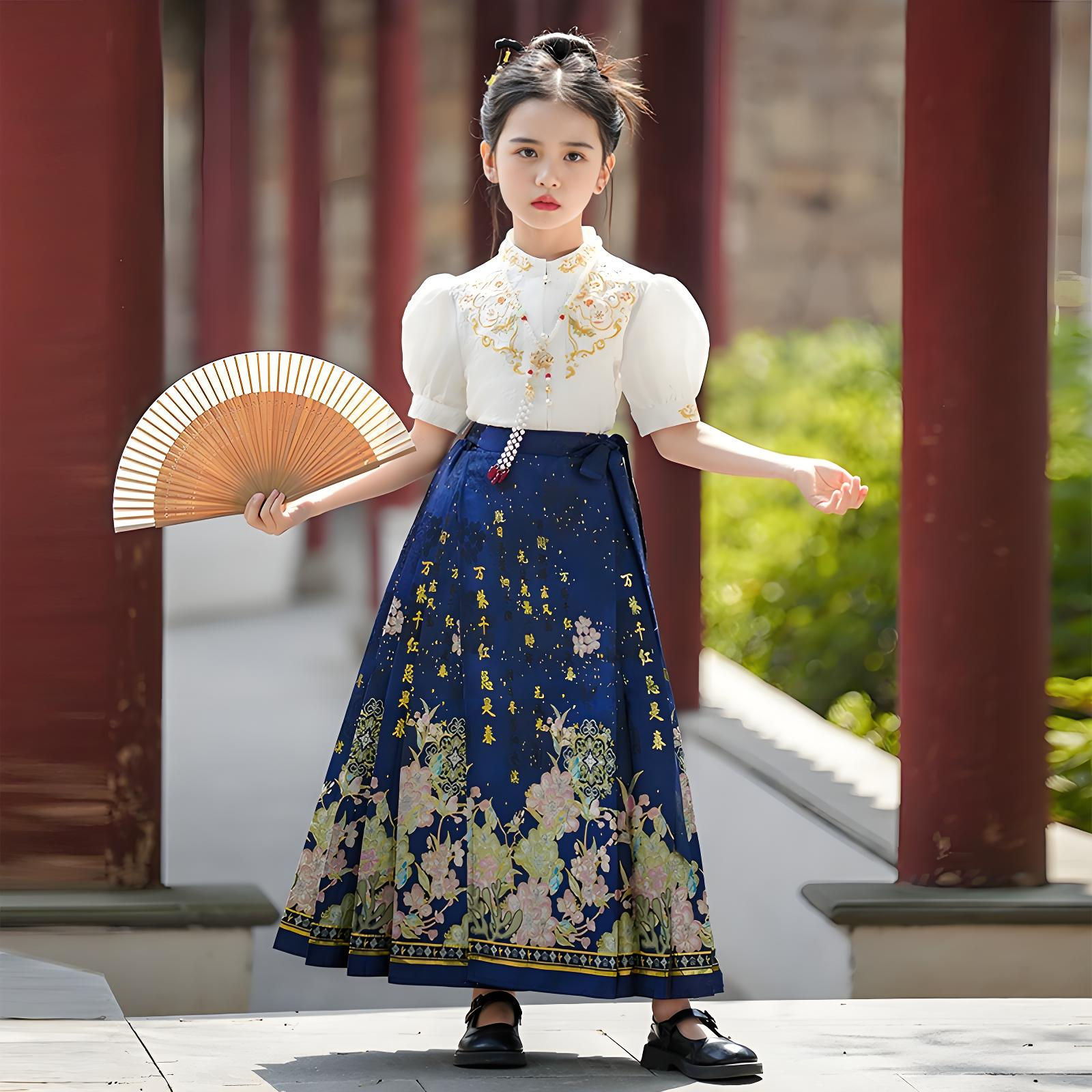 New Chinese style blue horse face skirt for girls in summer