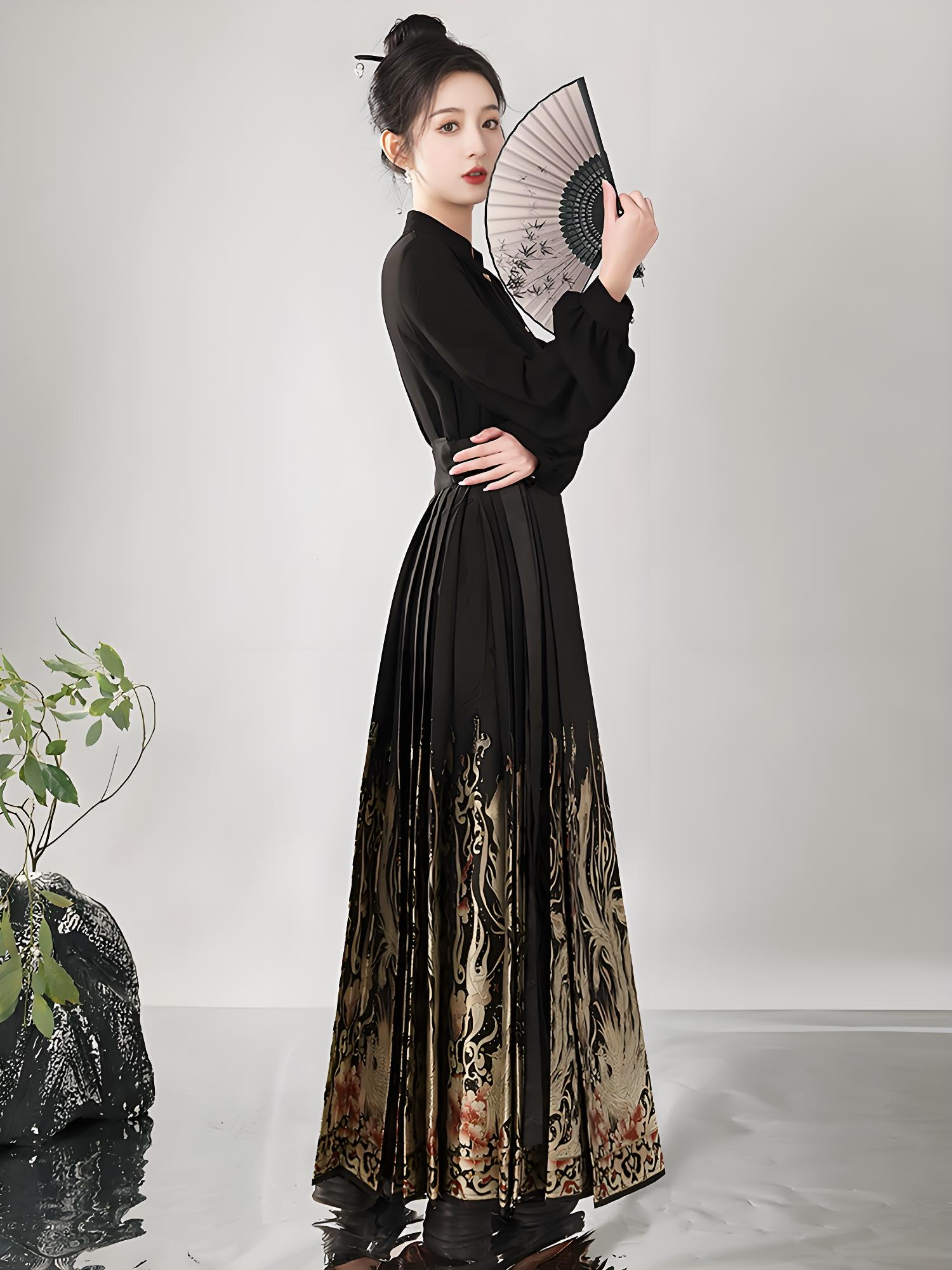 black brocade mamian skirt in modern Chinese-style aesthetics.