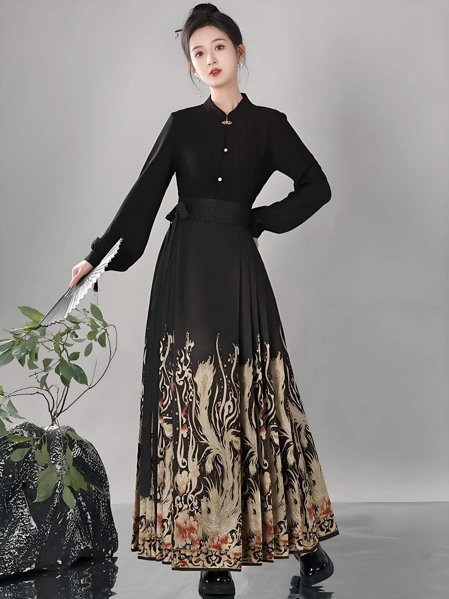 black brocade mamian skirt in modern Chinese-style aesthetics.