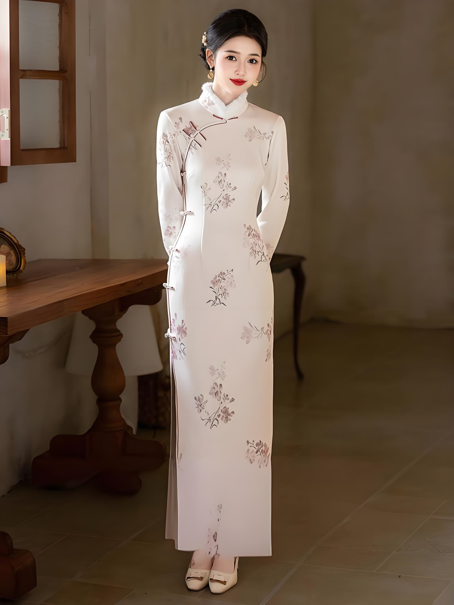 New Chinese Slim Long Sleeve Thickened Cheongsam