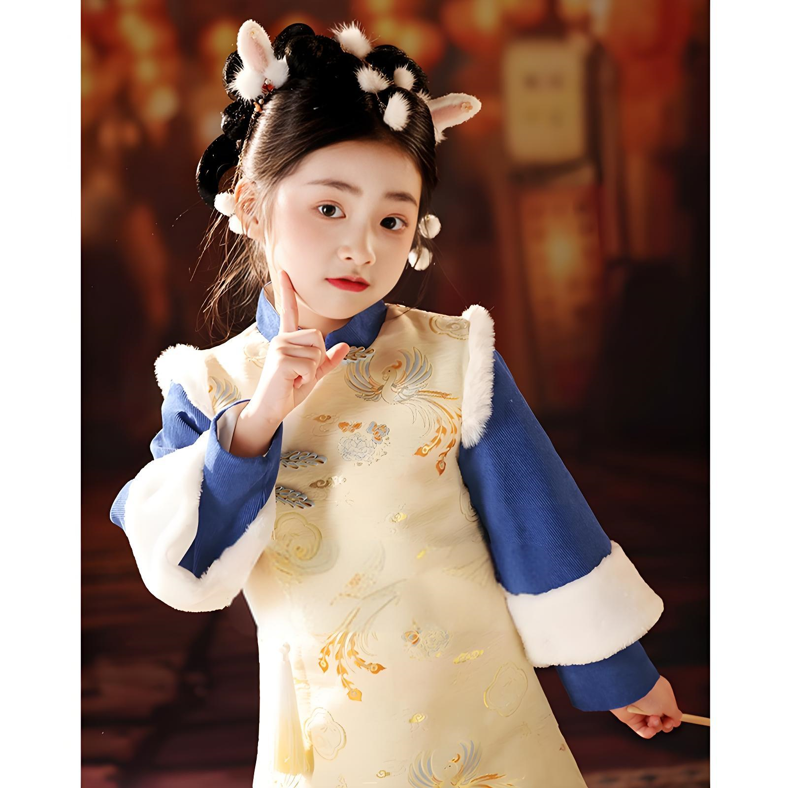 New Chinese style Children's Yellow Wind Peony Qipao Thickened Autumn/Winter Editio