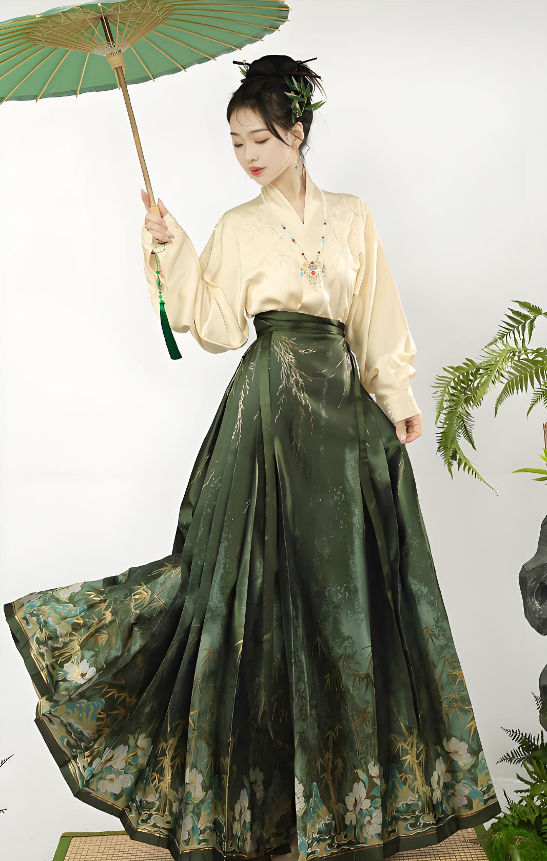 green brocade mamian skirt in modern Chinese-style aesthetics.