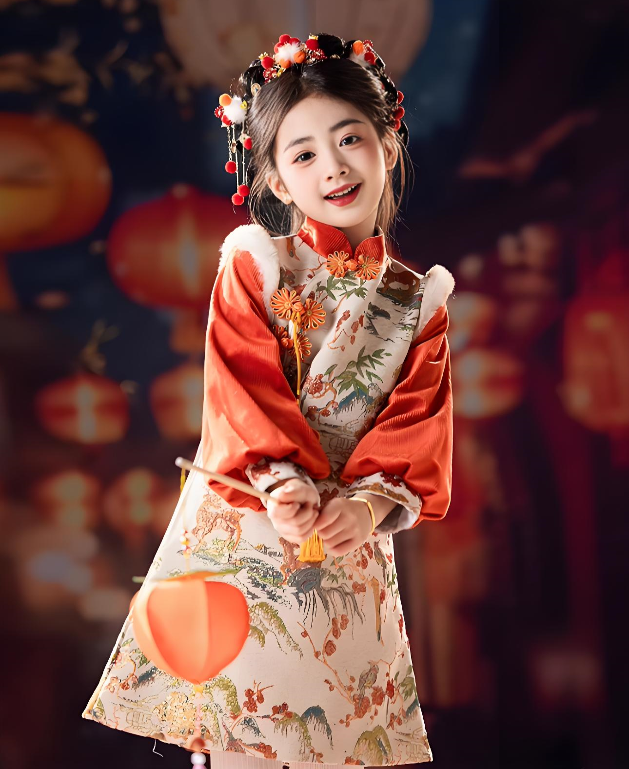 New Chinese style children's orange red cheongsam thickened autumn and winter styles