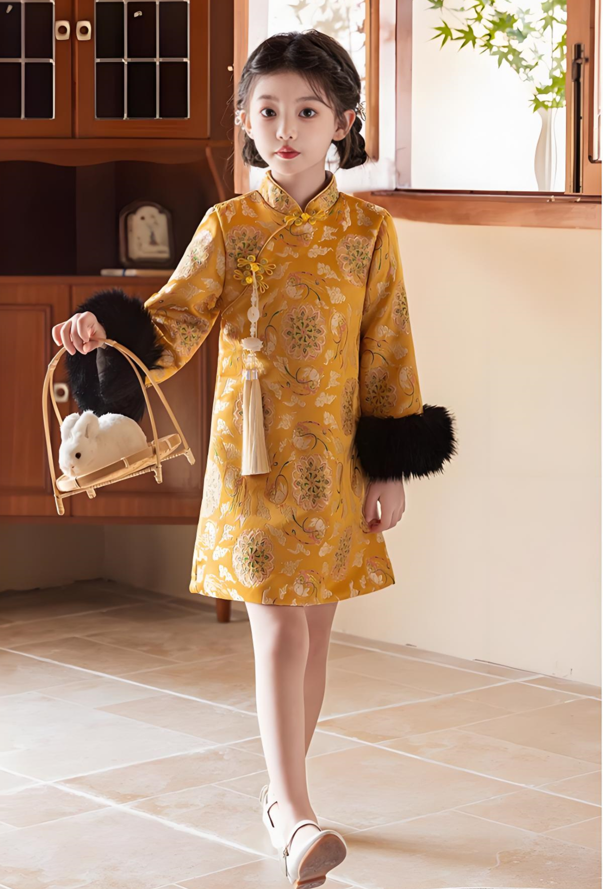 New Chinese style children's yellow cheongsam thickened autumn and winter version