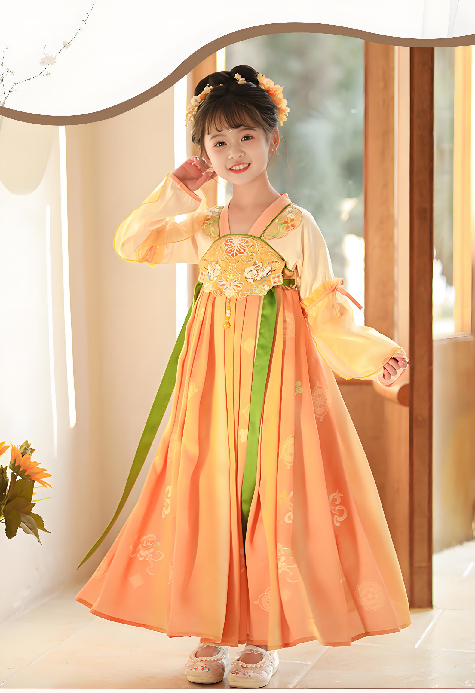 Chinese style super fairy orange ancient costume dress for girls in autumn