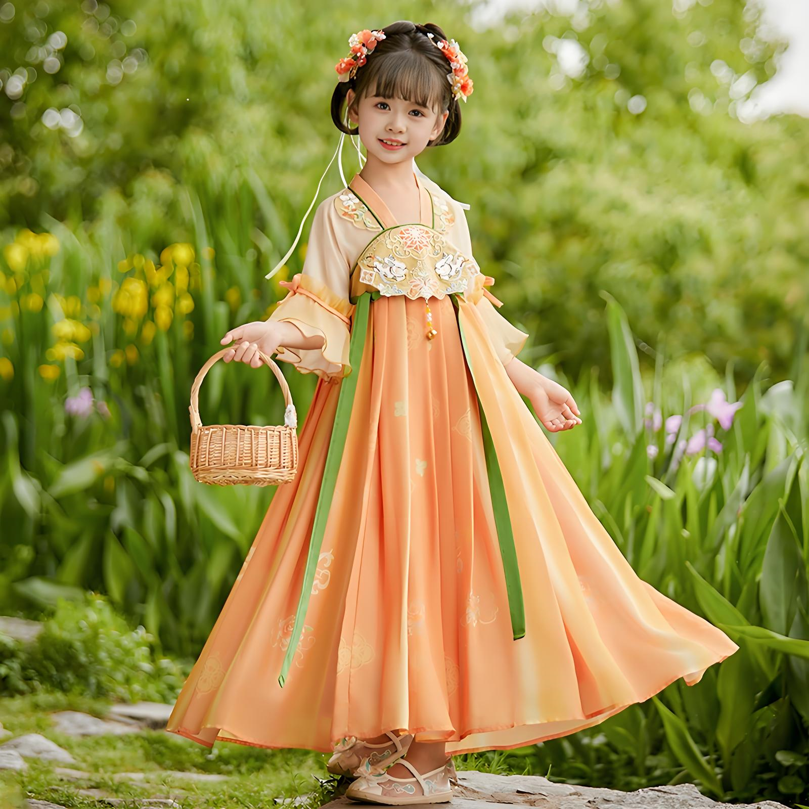 Chinese style super fairy orange ancient costume dress for girls in autumn